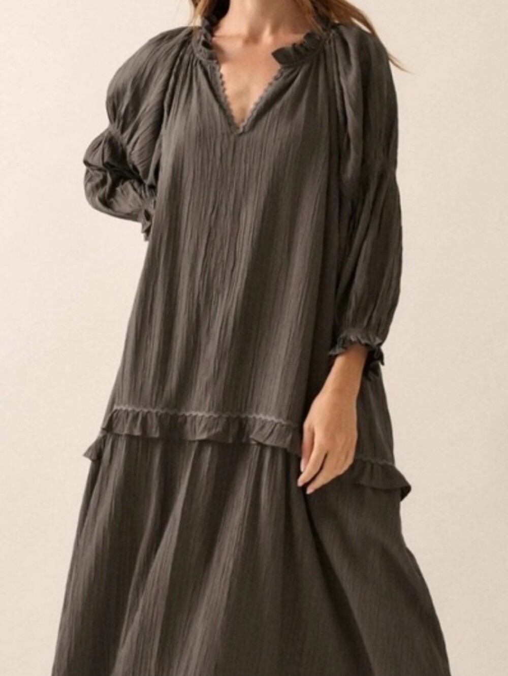 Promesa Charcoal Peaceful Prairie Textured Tiered Maxi Dress Small Oversize - Picture 2 of 13